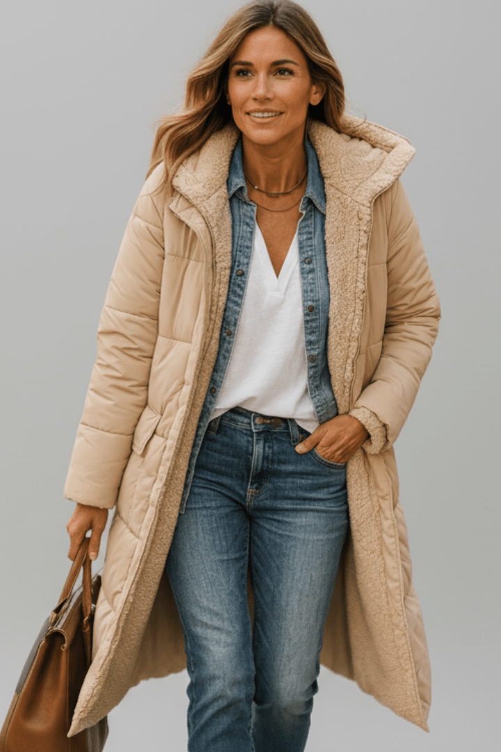 Women's hooded longline puffer coat with quilted panels