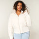 Women's quilted hooded jacket with fur-trimmed hood and ribbed cuffs