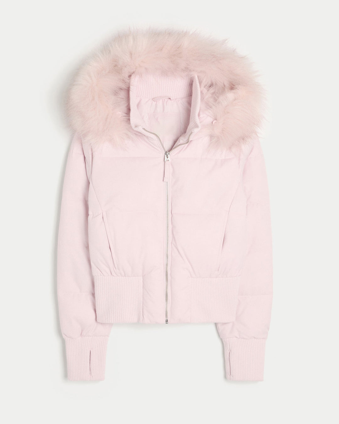 Women's quilted hooded jacket with fur-trimmed hood and ribbed cuffs