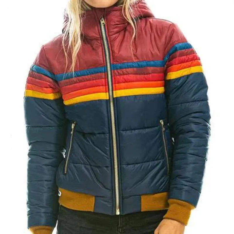 Women's hooded striped quilted puffer jacket with zip pockets