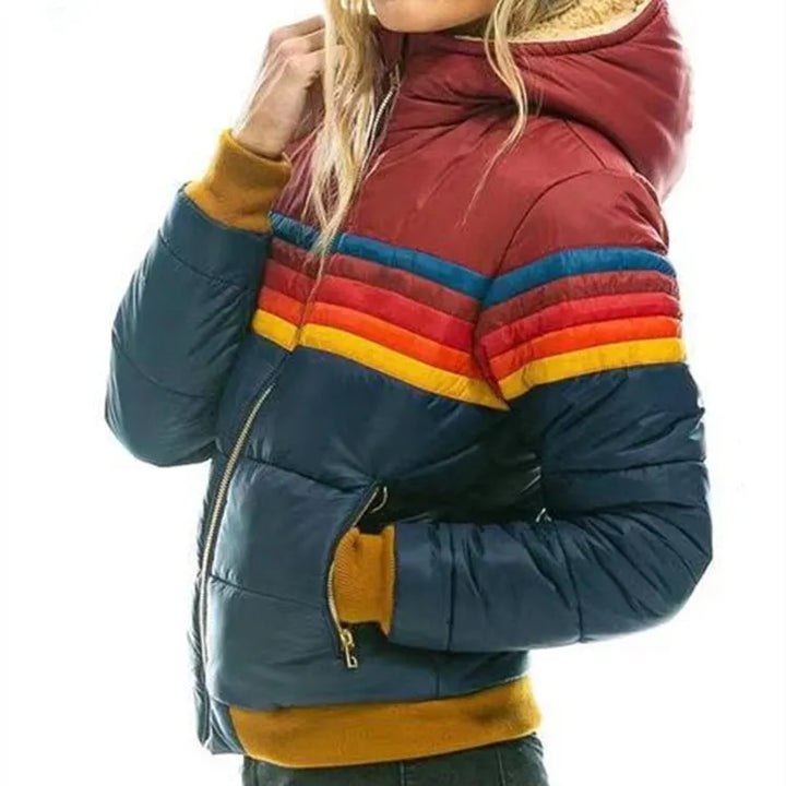 Women's hooded striped quilted puffer jacket with zip pockets