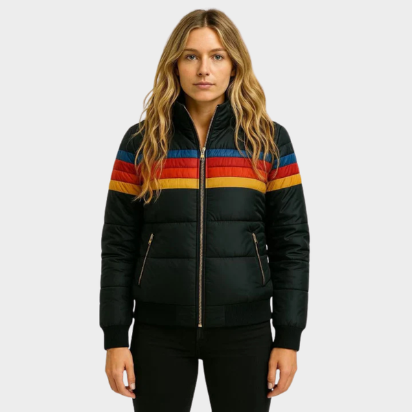 Women's hooded striped quilted puffer jacket with zip pockets