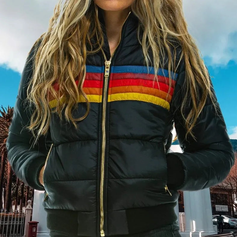 Women's hooded striped quilted puffer jacket with zip pockets