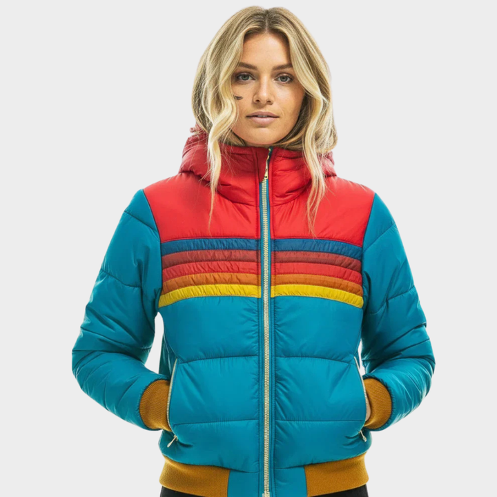 Women's hooded striped quilted puffer jacket with zip pockets