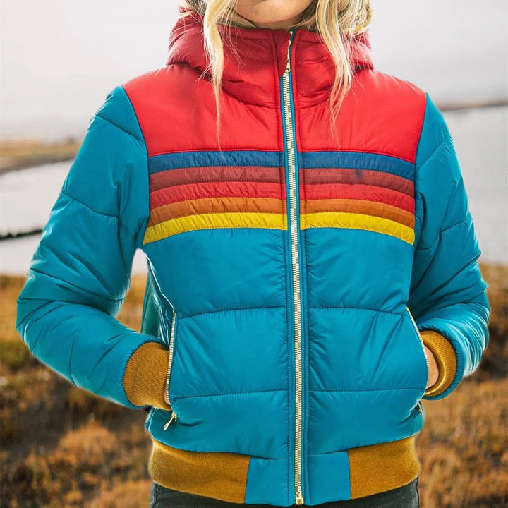 Women's hooded striped quilted puffer jacket with zip pockets