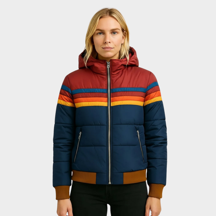 Women's hooded striped quilted puffer jacket with zip pockets