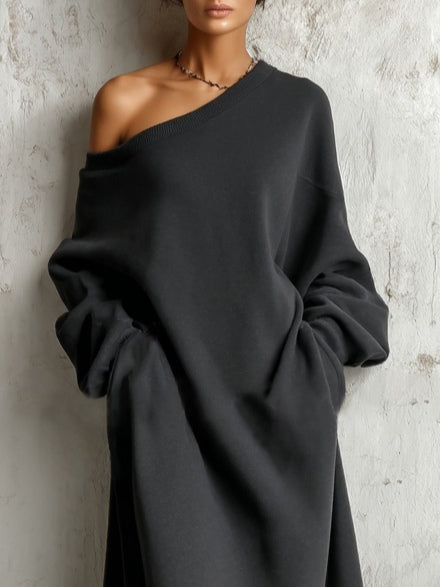 Black off-shoulder maxi dress with long gathered sleeves