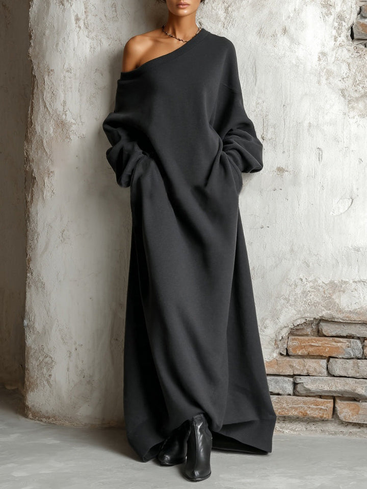 Black off-shoulder maxi dress with long gathered sleeves