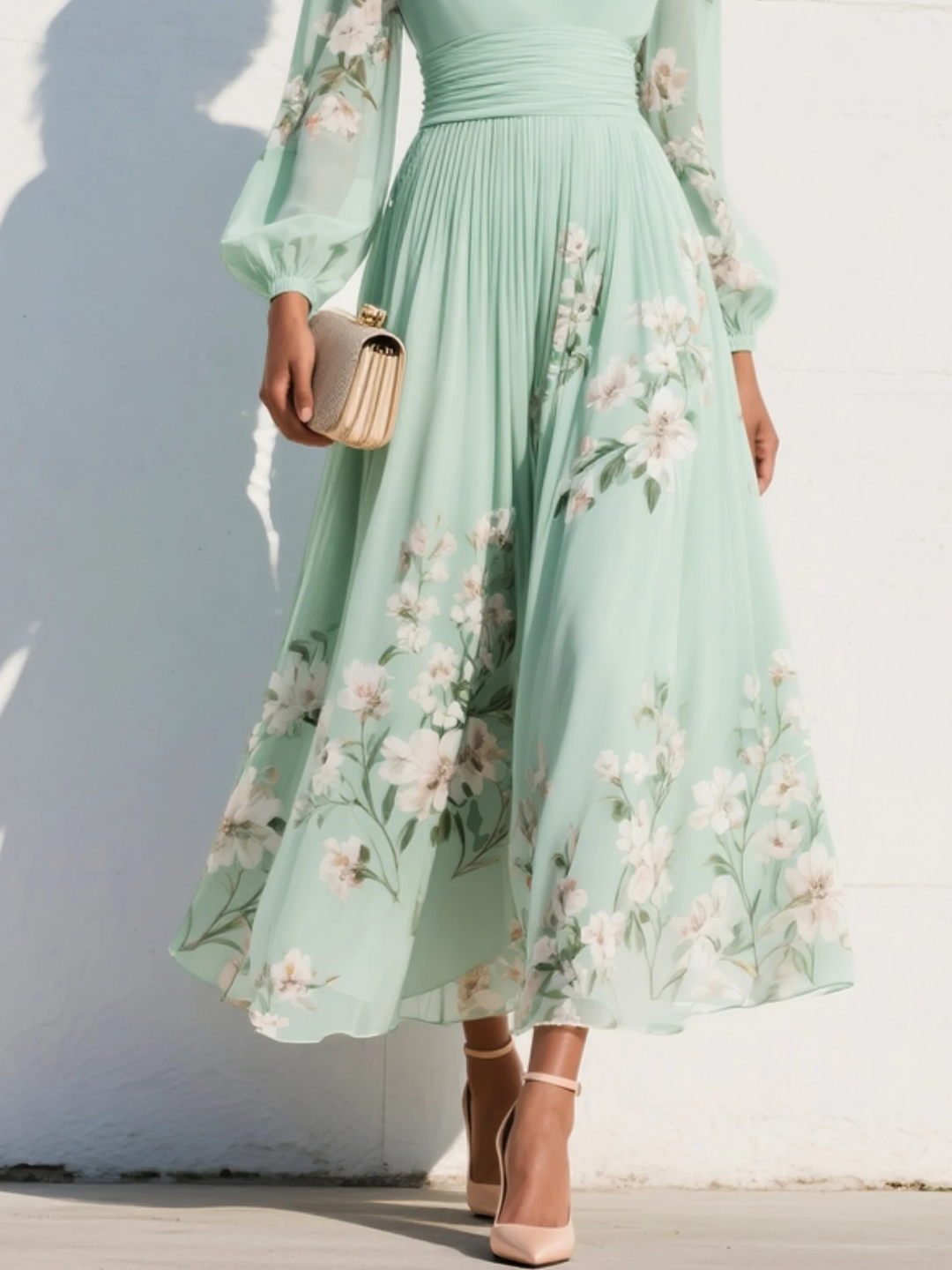 Women's Floral Midi Dress — Defined Waist Flowing Summer Dress
