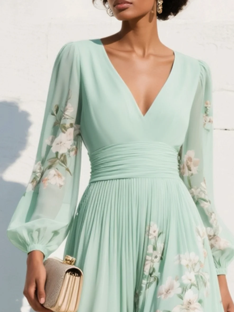 Women's Floral Midi Dress — Defined Waist Flowing Summer Dress