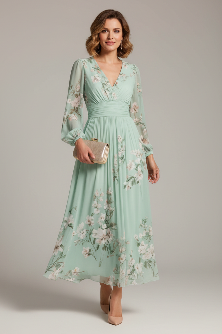 Women's Floral Midi Dress — Defined Waist Flowing Summer Dress