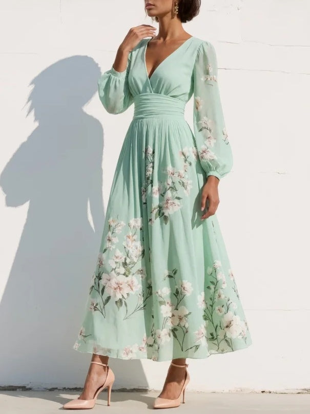 Women's Floral Midi Dress — Defined Waist Flowing Summer Dress