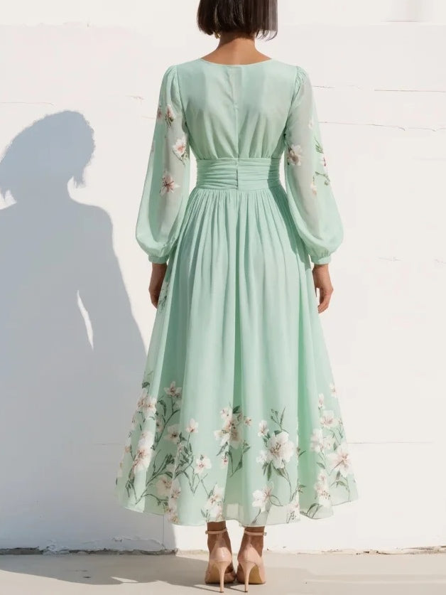 Women's Floral Midi Dress — Defined Waist Flowing Summer Dress