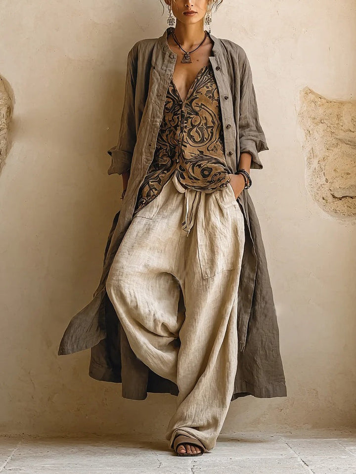 Women's three-piece printed linen-cotton set