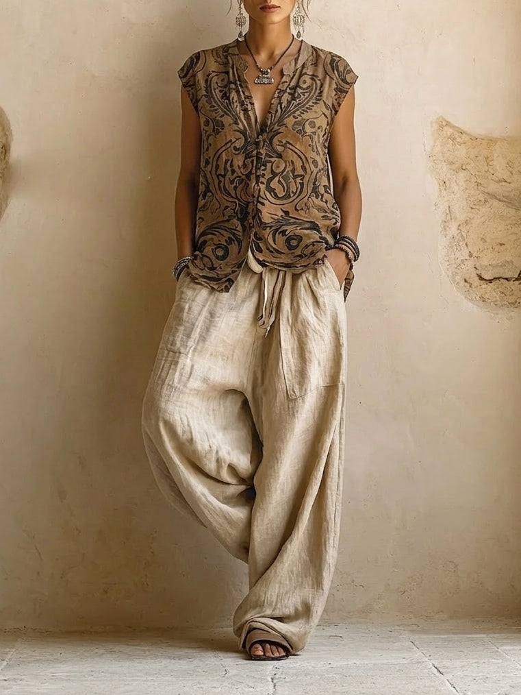 Women's Three-Piece Set, Patterned Vest Beige