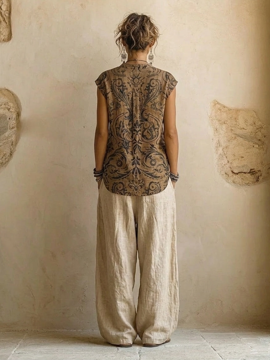 Women's three-piece printed linen-cotton set