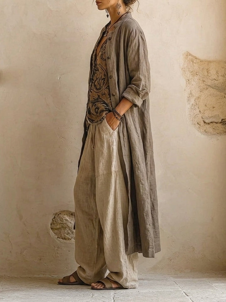Women's three-piece printed linen-cotton set