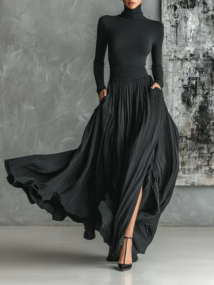 Women's long-sleeve turtleneck top and pleated maxi skirt set with side pockets