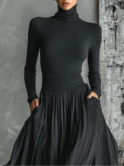 Women's long-sleeve turtleneck top and pleated maxi skirt set with side pockets