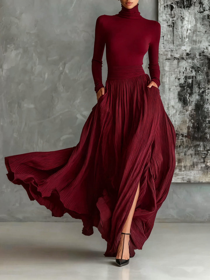 Women's long-sleeve turtleneck top and pleated maxi skirt set with side pockets
