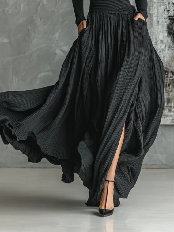 Women's long-sleeve turtleneck top and pleated maxi skirt set with side pockets