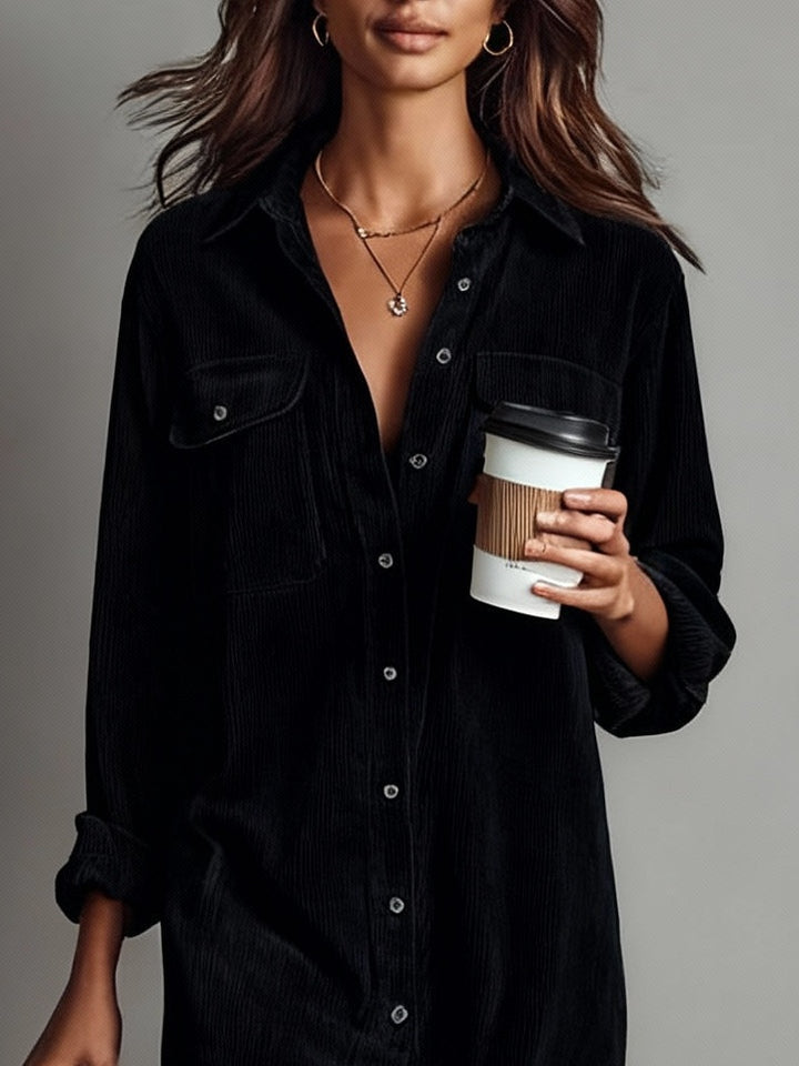 Women's long-sleeved corduroy shirt midi dress with chest pockets