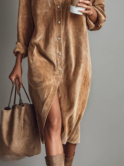 Women's long-sleeved corduroy shirt midi dress with chest pockets