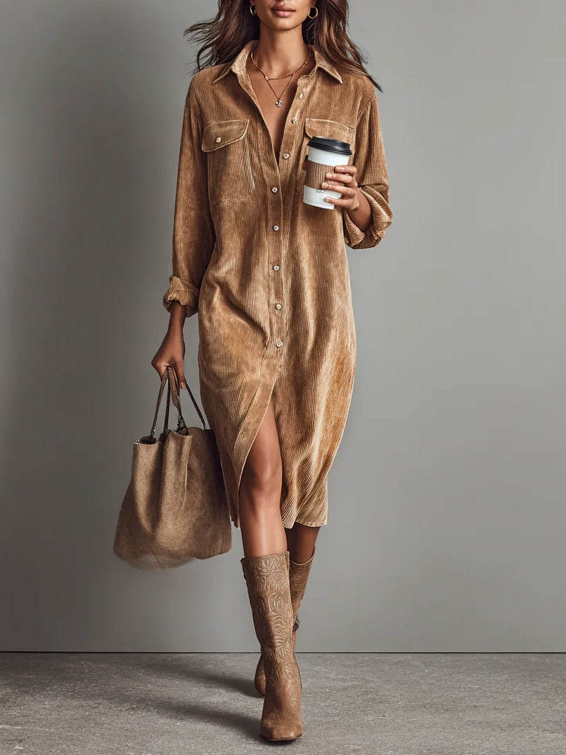 Women's long-sleeved corduroy shirt midi dress with chest pockets