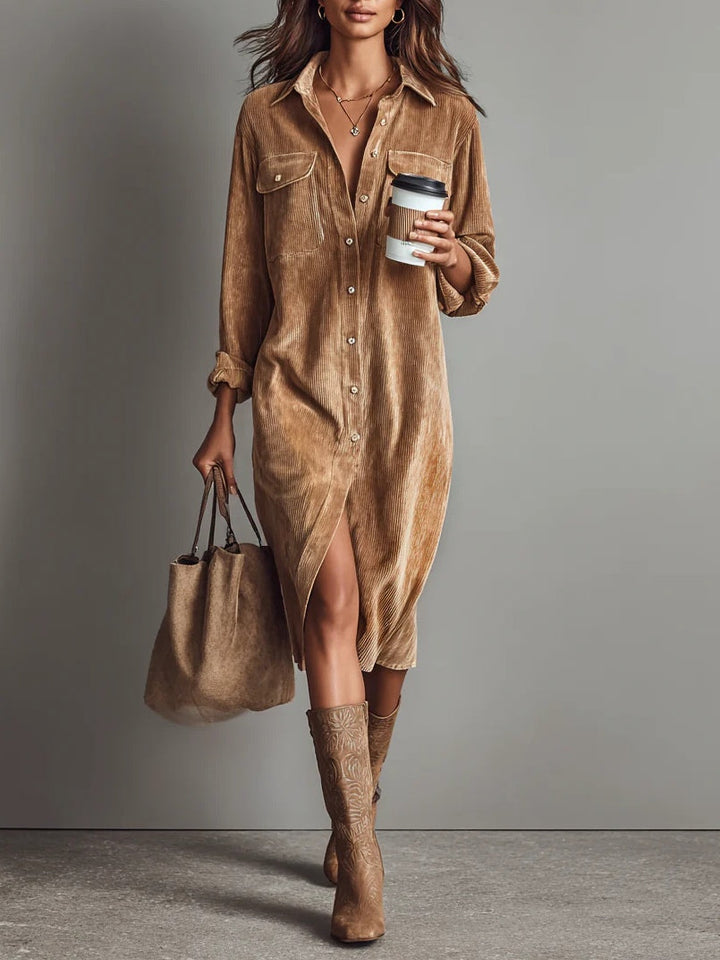 Women's long-sleeved corduroy shirt midi dress with chest pockets