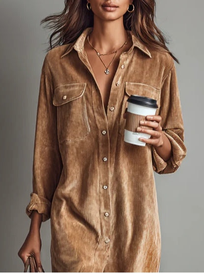 Women's long-sleeved corduroy shirt midi dress with chest pockets