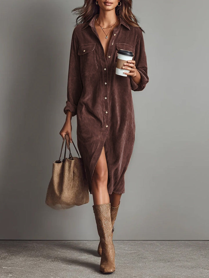 Women's long-sleeved corduroy shirt midi dress with chest pockets