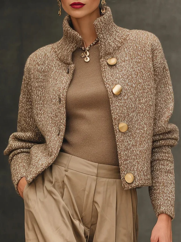Women's camel textured button-front cardigan with mock neck and long sleeves