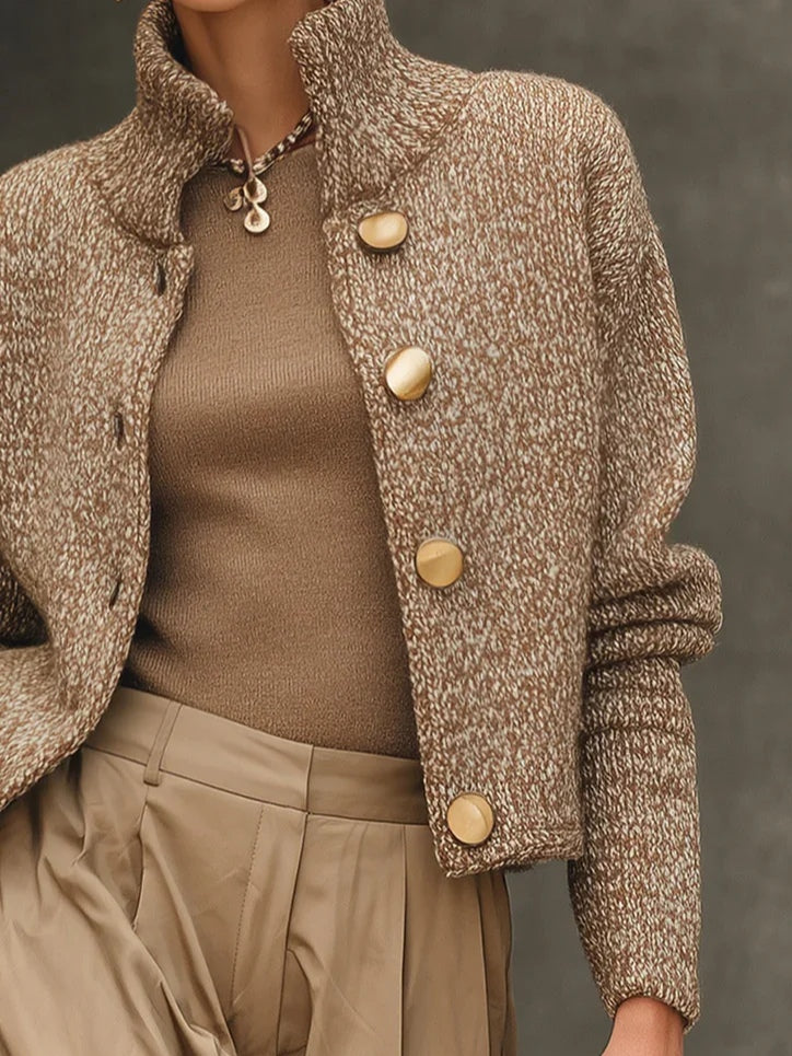Women's camel textured button-front cardigan with mock neck and long sleeves