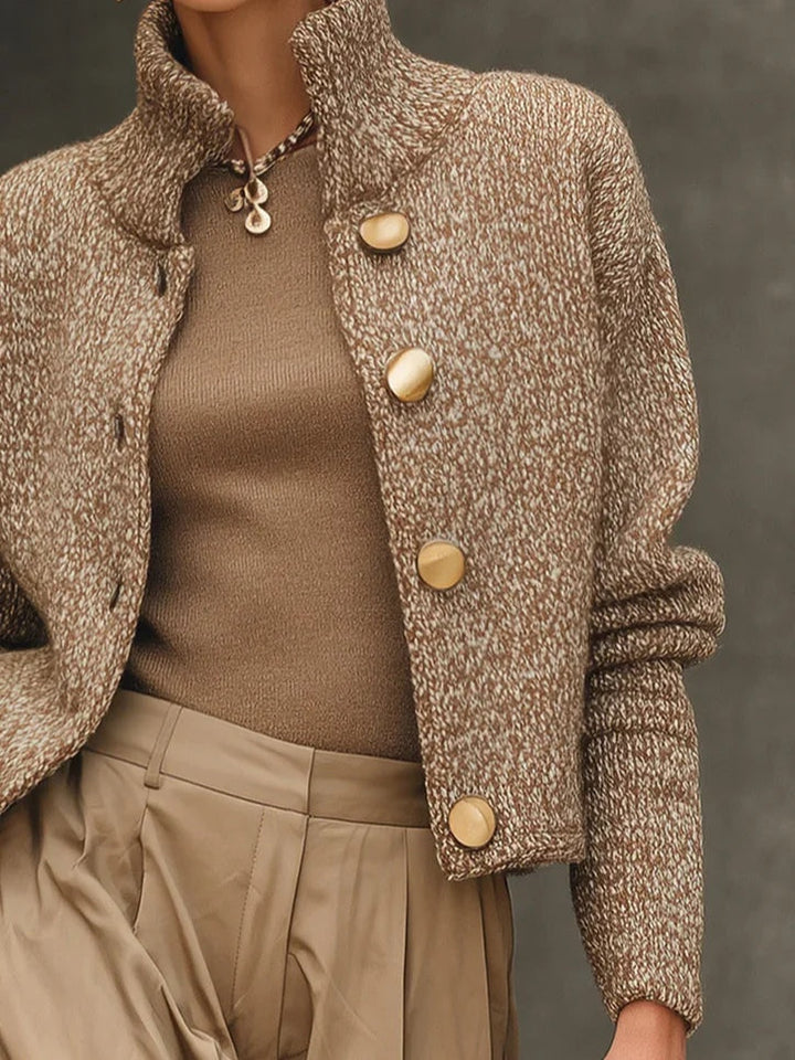 Women's camel textured button-front cardigan with mock neck and long sleeves