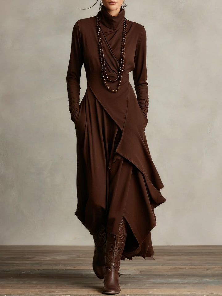 Women's asymmetrical turtleneck maxi dress with long sleeves and draped uneven hem