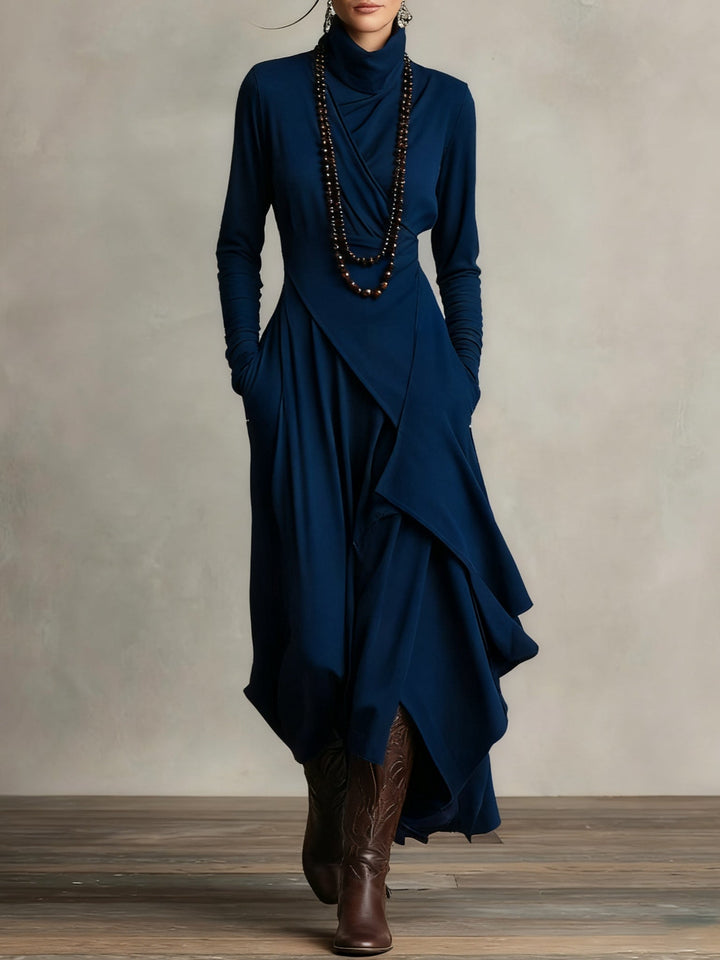 Women's asymmetrical turtleneck maxi dress with long sleeves and draped uneven hem