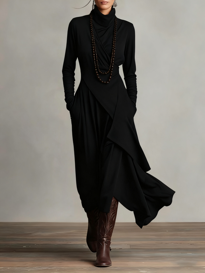 Women's asymmetrical turtleneck maxi dress with long sleeves and draped uneven hem
