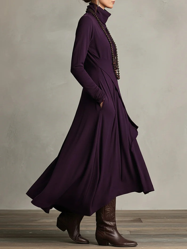 Women's asymmetrical turtleneck maxi dress with long sleeves and draped uneven hem