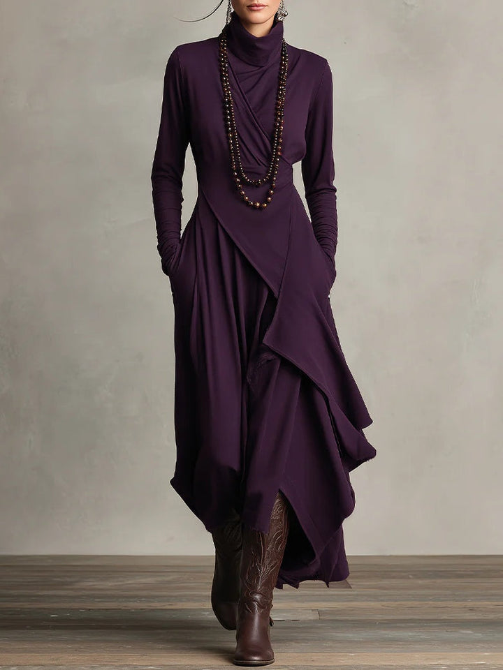 Women's asymmetrical turtleneck maxi dress with long sleeves and draped uneven hem