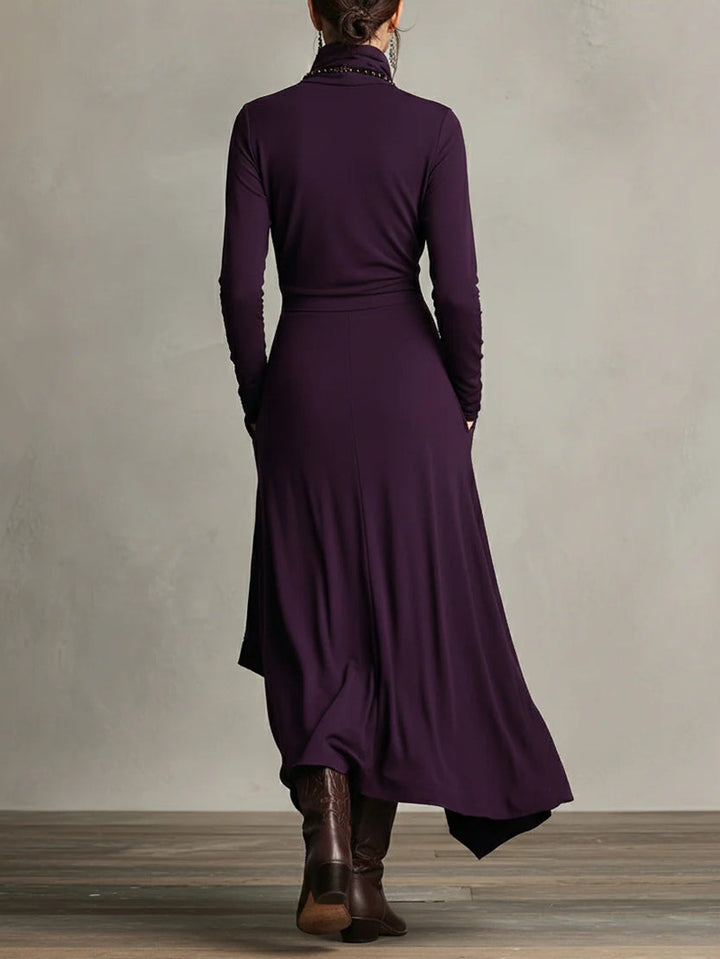 Women's asymmetrical turtleneck maxi dress with long sleeves and draped uneven hem