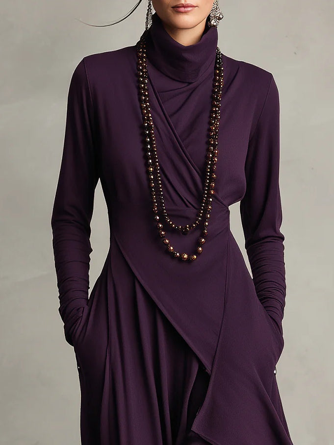Women's asymmetrical turtleneck maxi dress with long sleeves and draped uneven hem
