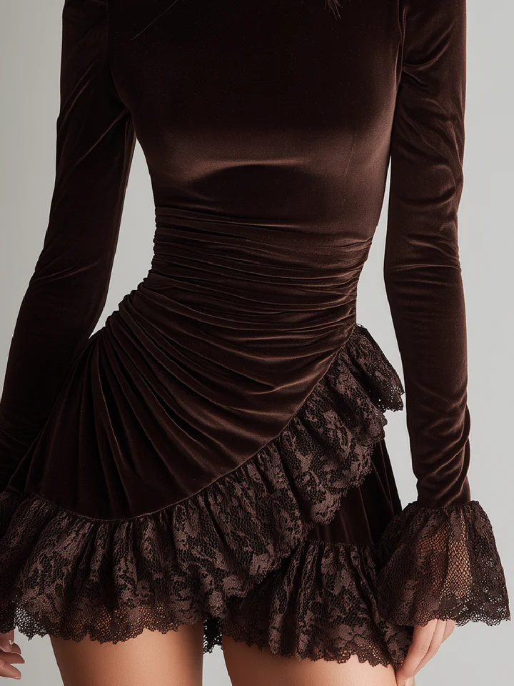Women's dark brown ruched mini dress with turtle neckline, long sleeves and lace-trimmed ruffle hem