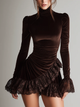 Women's dark brown ruched mini dress with turtle neckline, long sleeves and lace-trimmed ruffle hem