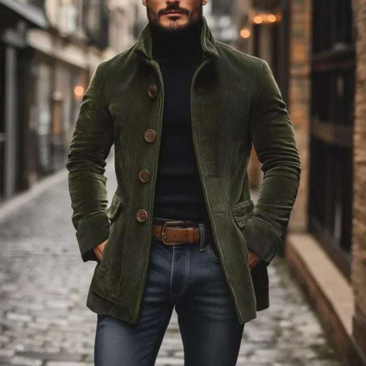 Men's stand collar button-front coat with side pockets