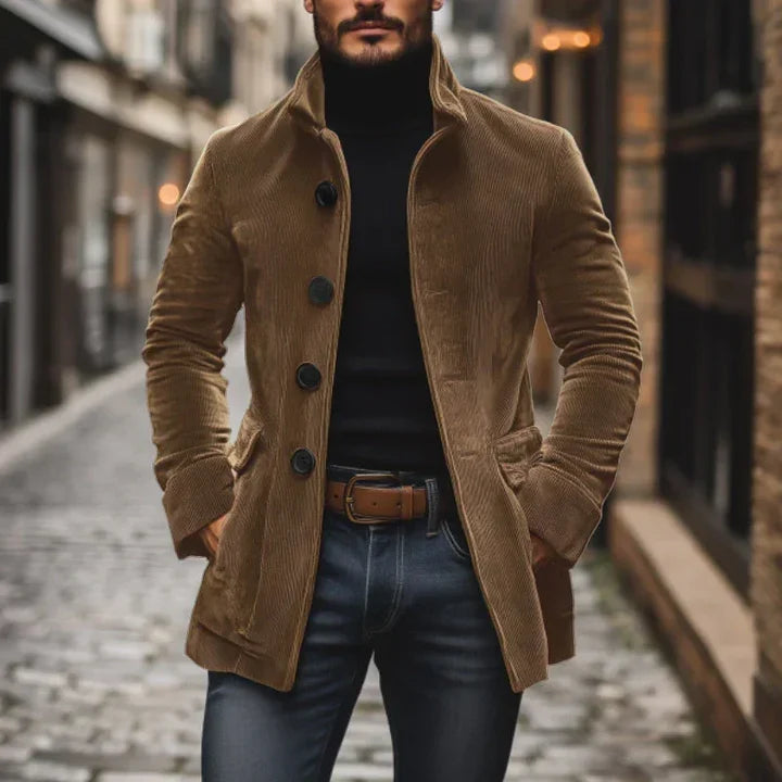 Men's stand collar button-front coat with side pockets