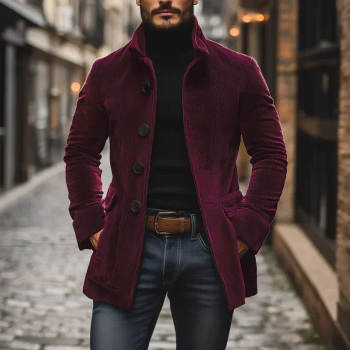 Men's stand collar button-front coat with side pockets