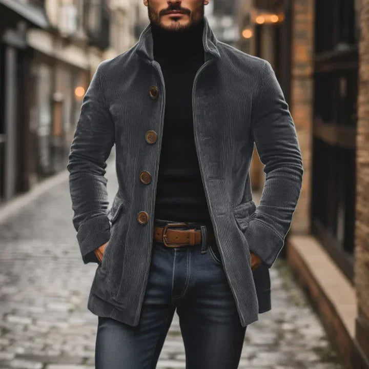 Men's stand collar button-front coat with side pockets