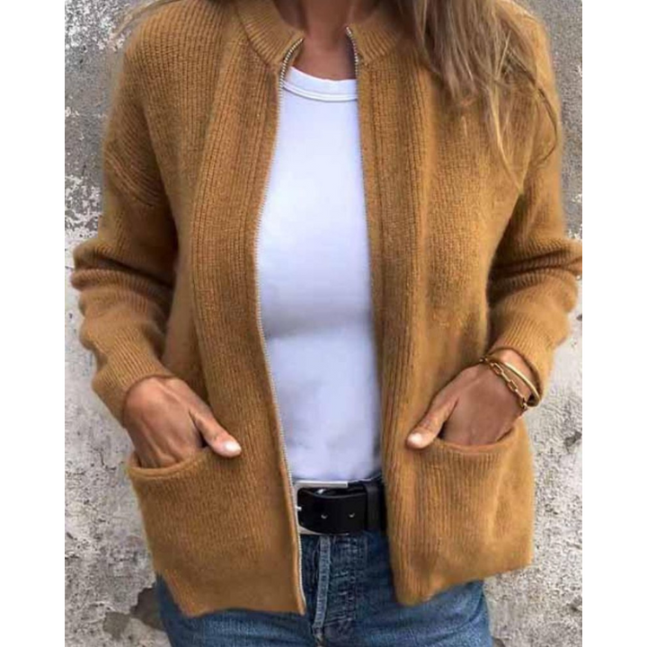 Women's open-front ribbed knit cardigan with long sleeves and patch pockets