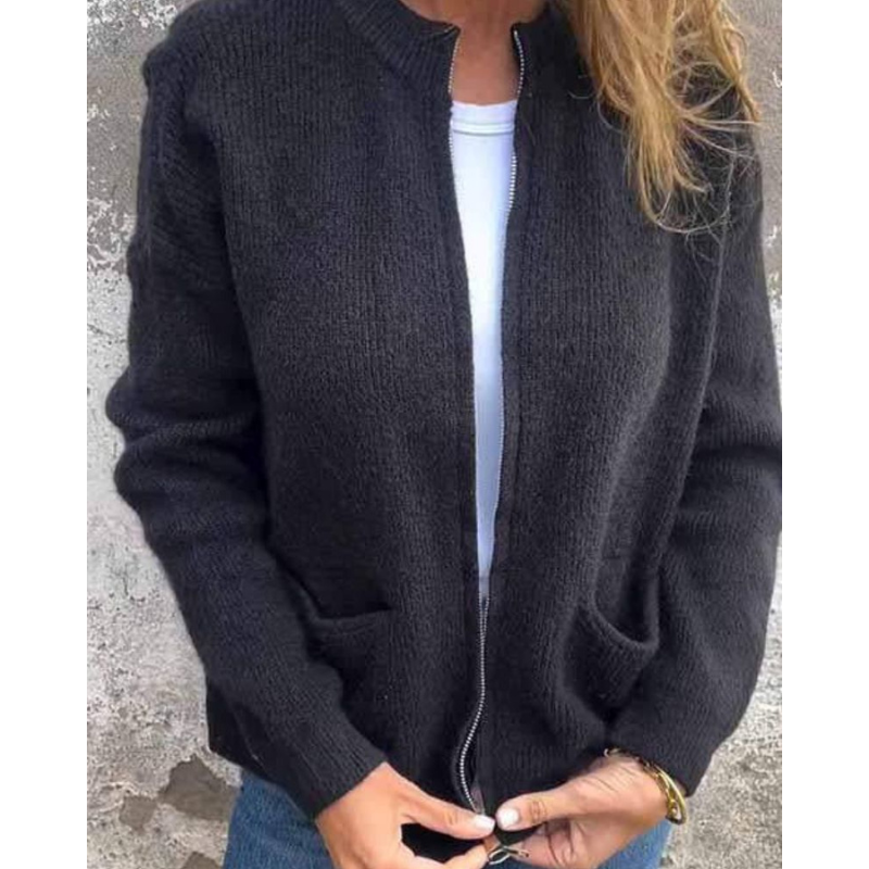 Women's open-front ribbed knit cardigan with long sleeves and patch pockets