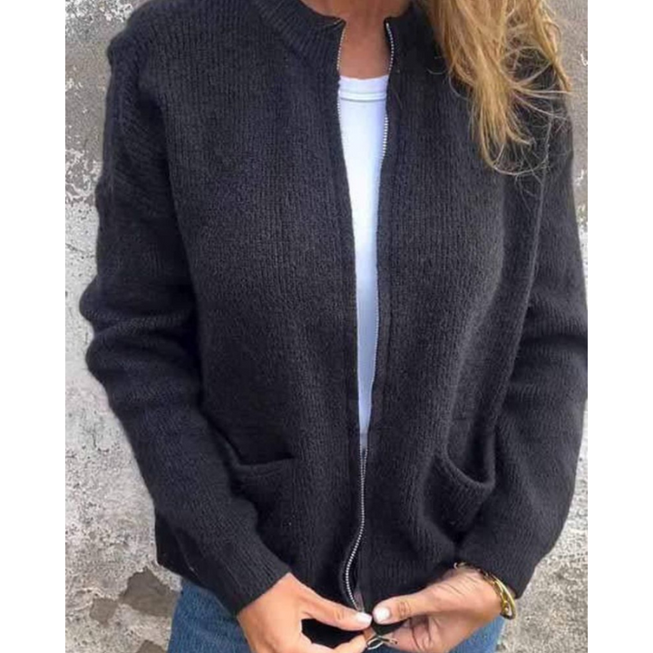 Women's open-front ribbed knit cardigan with long sleeves and patch pockets